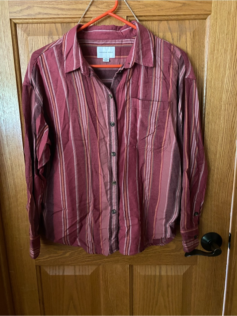 American Eagle Outfitters Men's Burgundy & Pink Striped Button-Down Shirt